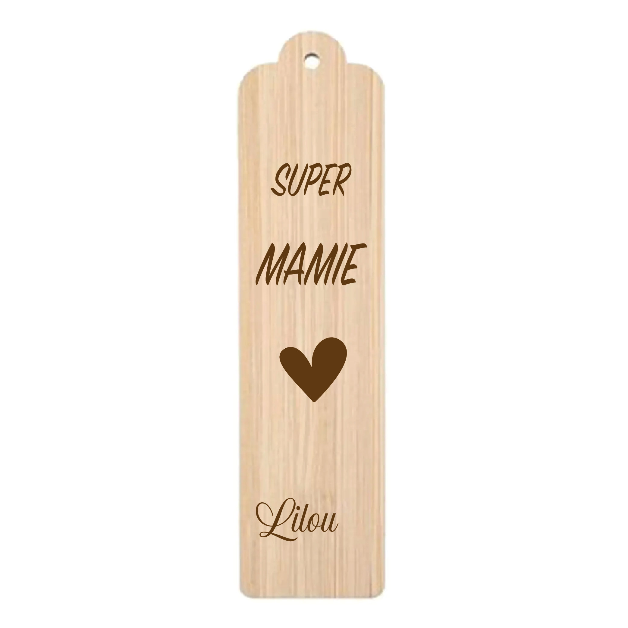 Marque page personnalisé bois gravé Super Mamie avec un coeur "
