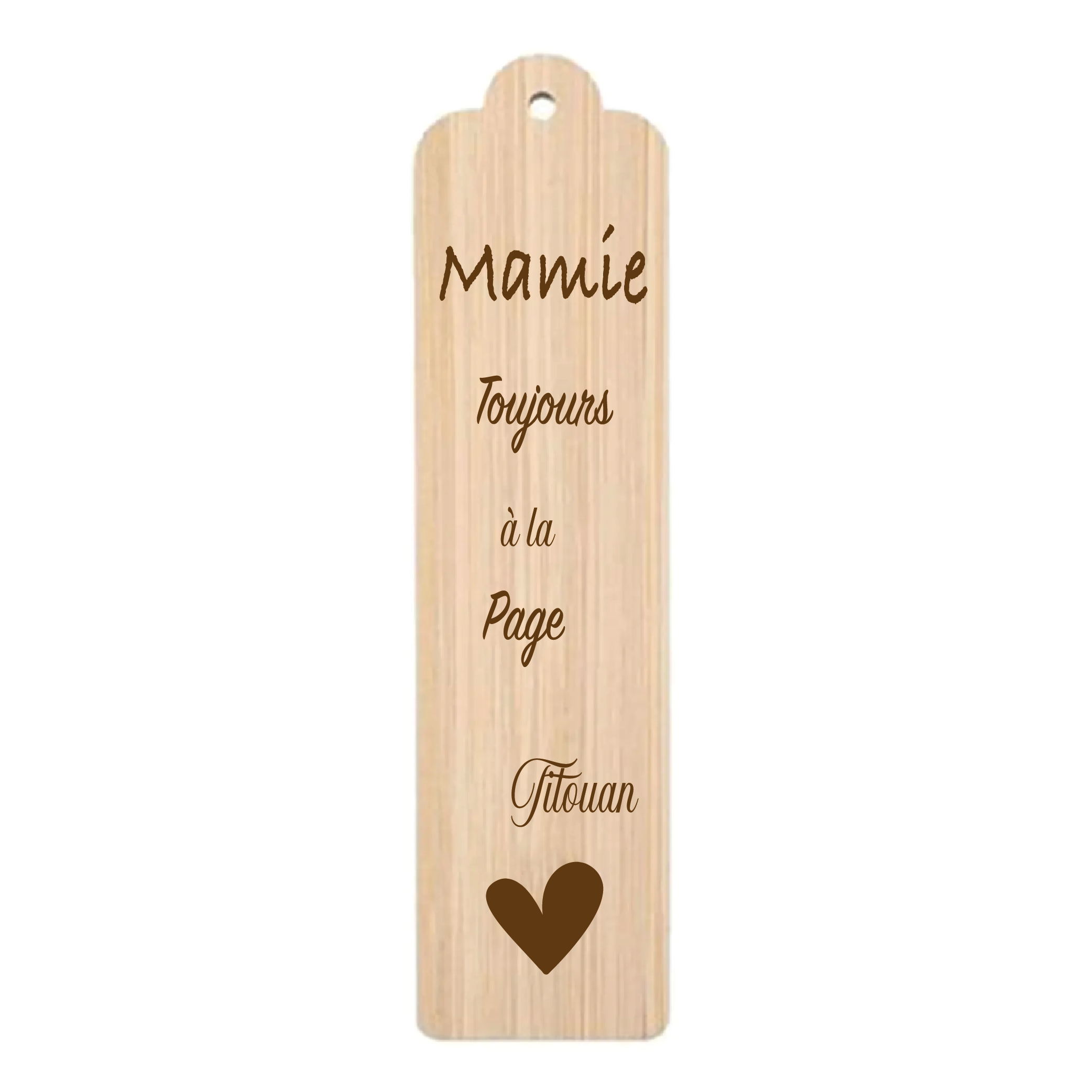 Marque page personnalisé bois gravé Mamie toujours à la page avec un coeur "