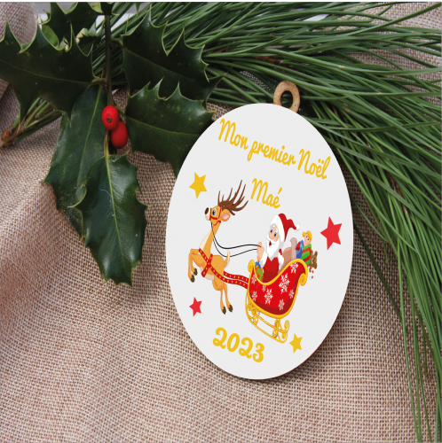 Boule de Noël traineau et père Noël Personnalisée en Bois