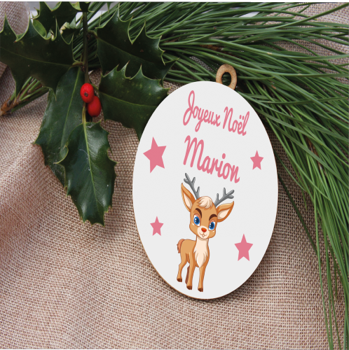 Boule de Noël petit renne et étoiles Personnalisée en Bois