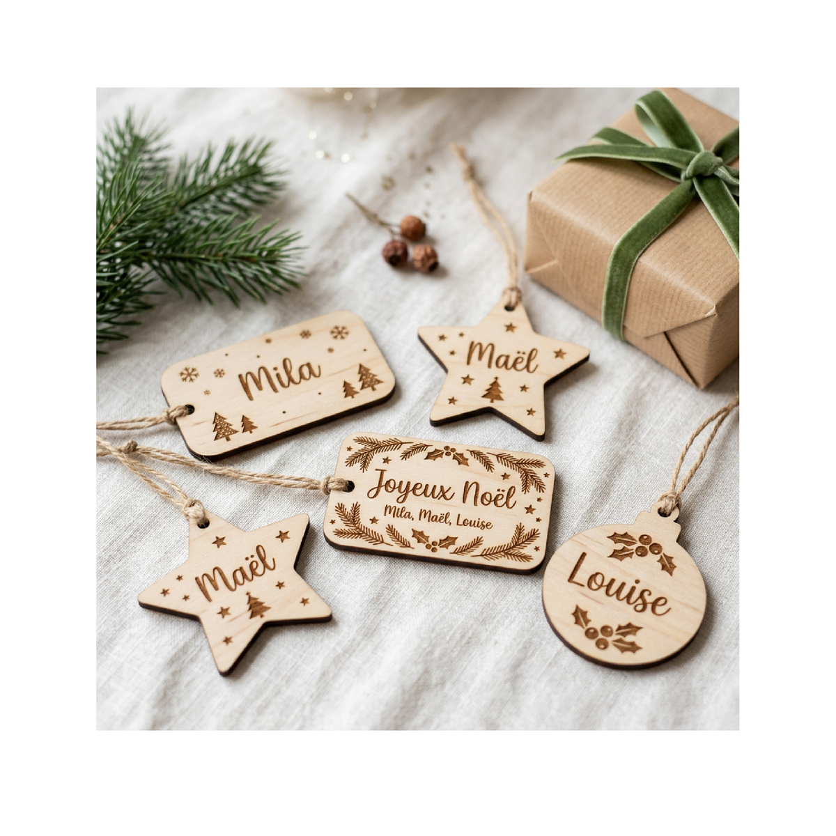 Étiquette cadeau de Noël en bois gravé personnalisée avec prénom