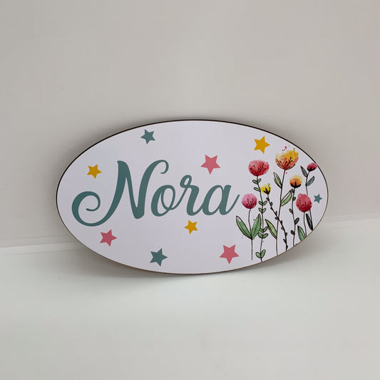 Plaque de porte personnalisée avec prénom et fleurs
