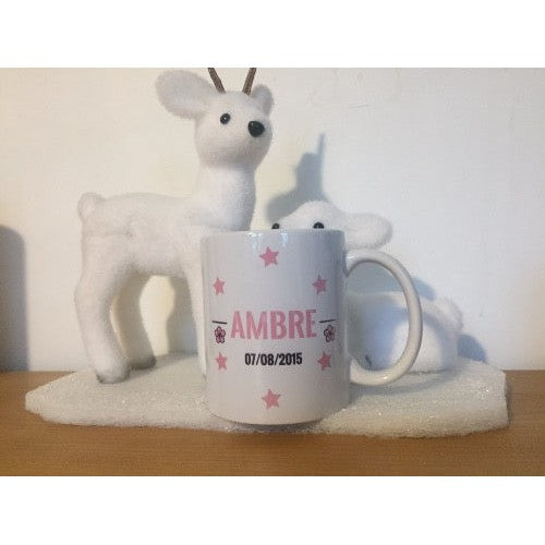 Mug Blanc personnalisé Prénom Date de naissance et petite fleurs