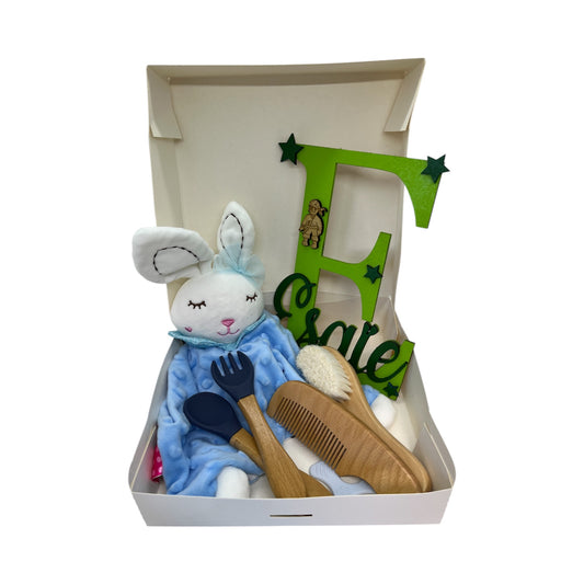 Coffret Naissance Personnalisé - Doudou, Plaque de Porte, Couverts Bambou & Set Peigne Brosse