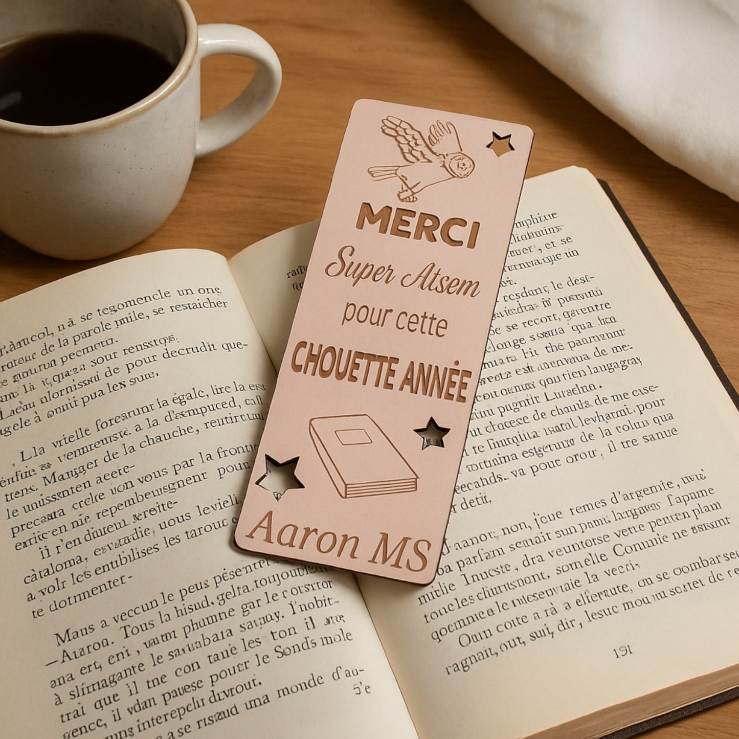 Marque page personnalisé bois gravé "merci Super Atsem"
