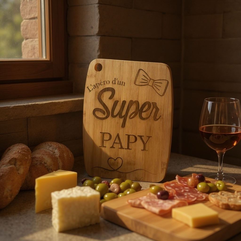 Planche Apéritif Bambou Personnalisée 'L'apéro d'un super papy' - Gravure Laser
