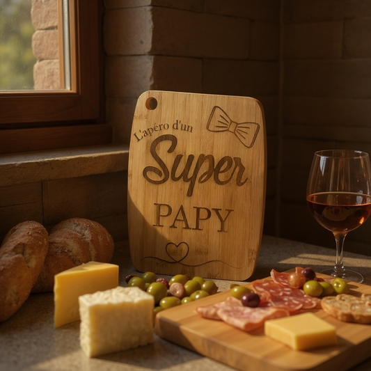 Planche Apéritif Bambou Personnalisée 'L'apéro d'un super papy' - Gravure Laser