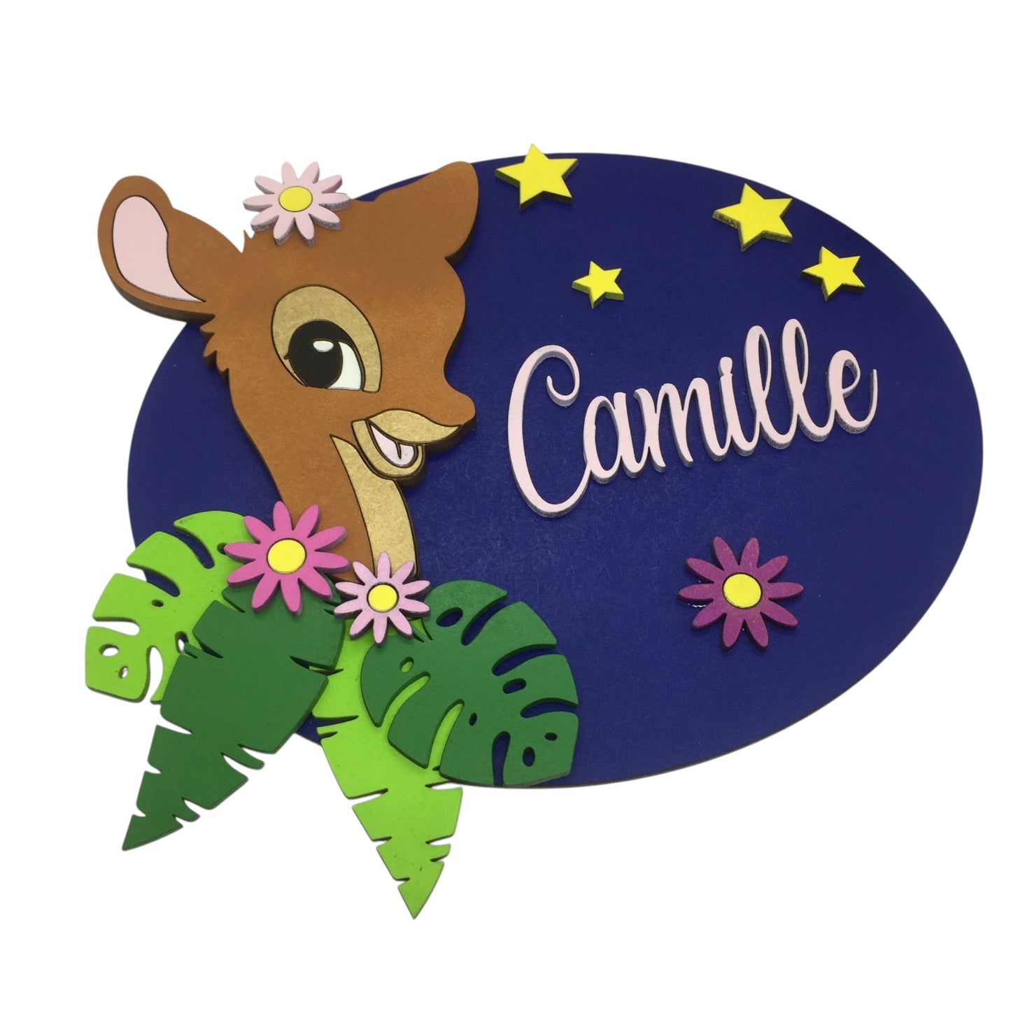 Plaque de porte en bois biche forêt personnalisée avec prénom