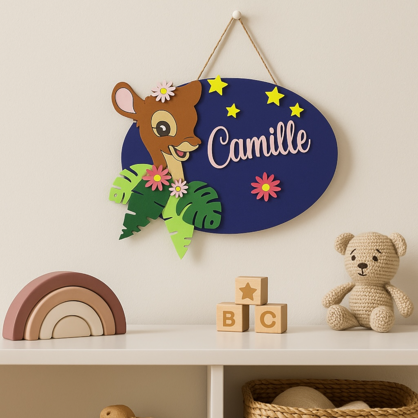 Plaque de porte en bois biche forêt personnalisée avec prénom