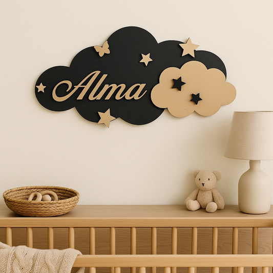 Plaque de porte nuage étoiles et prénom personnalisée