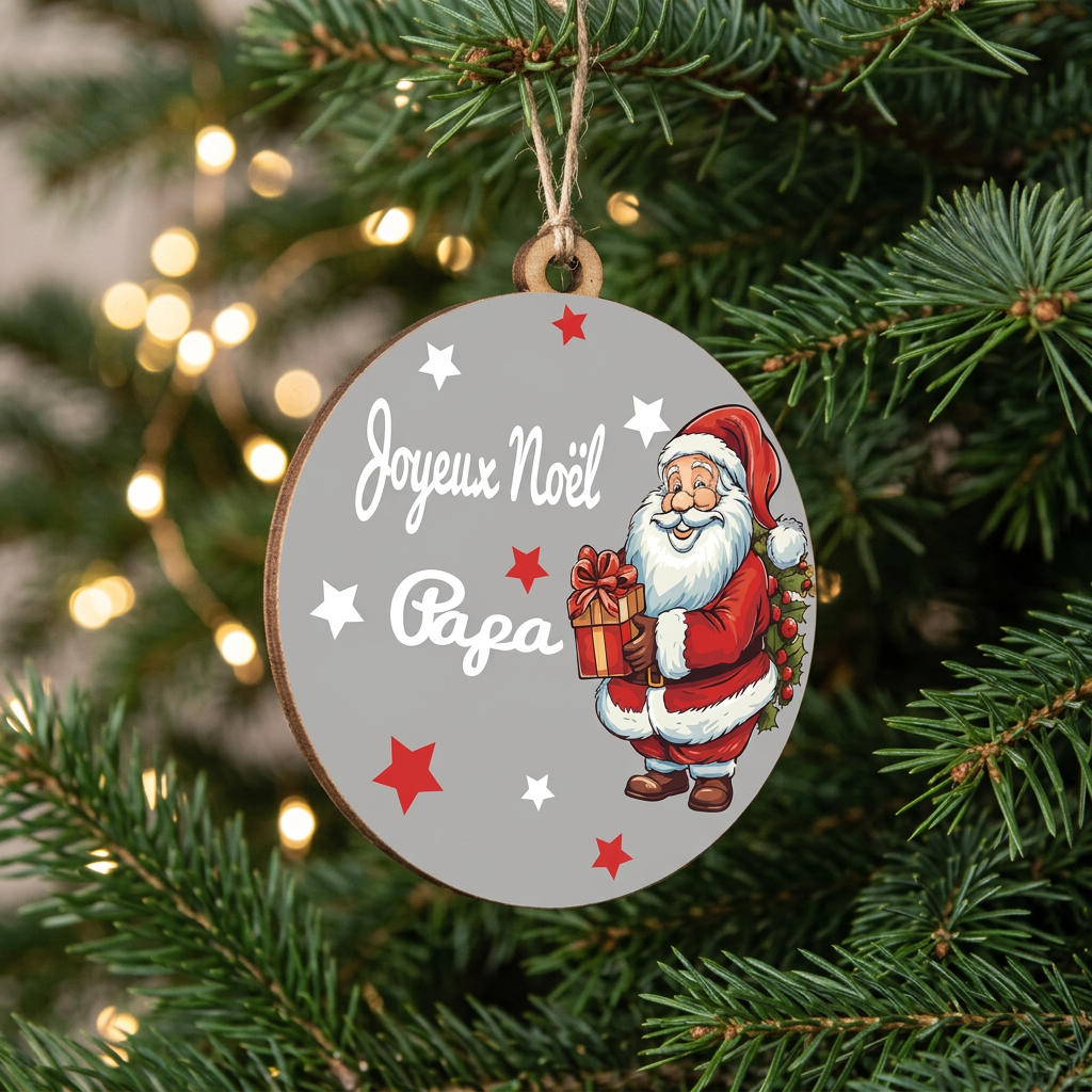 Boule Joyeux Noël Papa avec Père Noël et étoiles sur fond gris suspendue dans un sapin illuminé