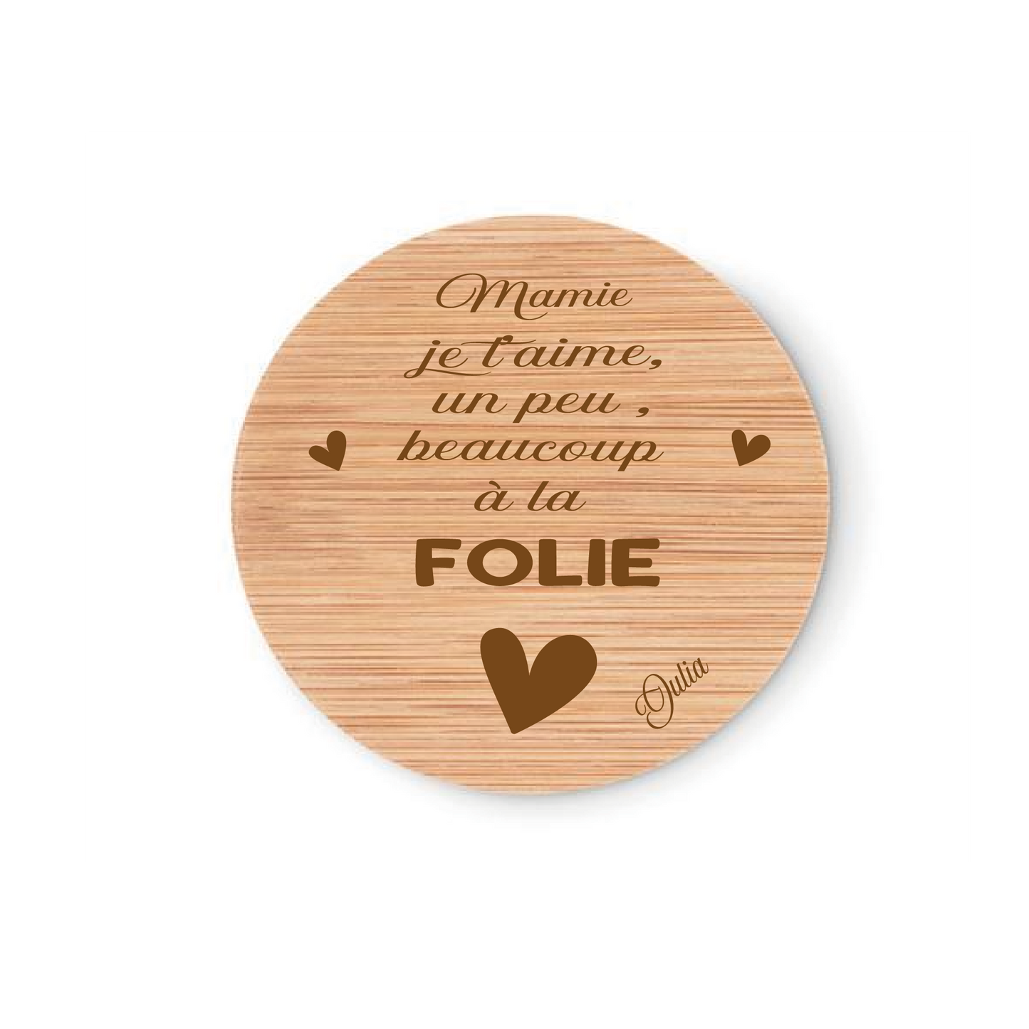 Miroir de poche en bambou Mamie je t'aime un peu beaucoup à la folie personnalisé