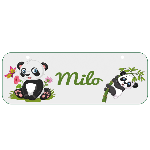 Plaque de porte rectangulaire pandas et prénom personnalisée