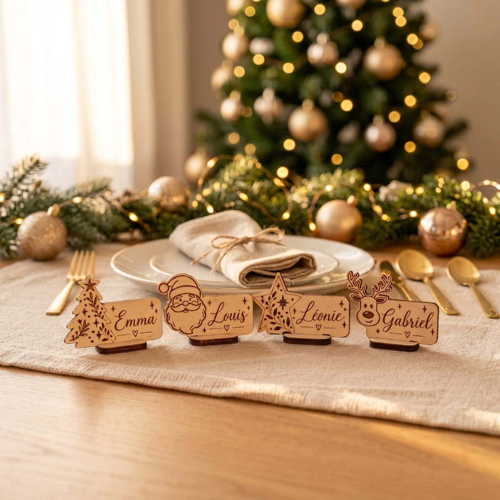 Marque-place de Noël personnalisé en bois avec prénom