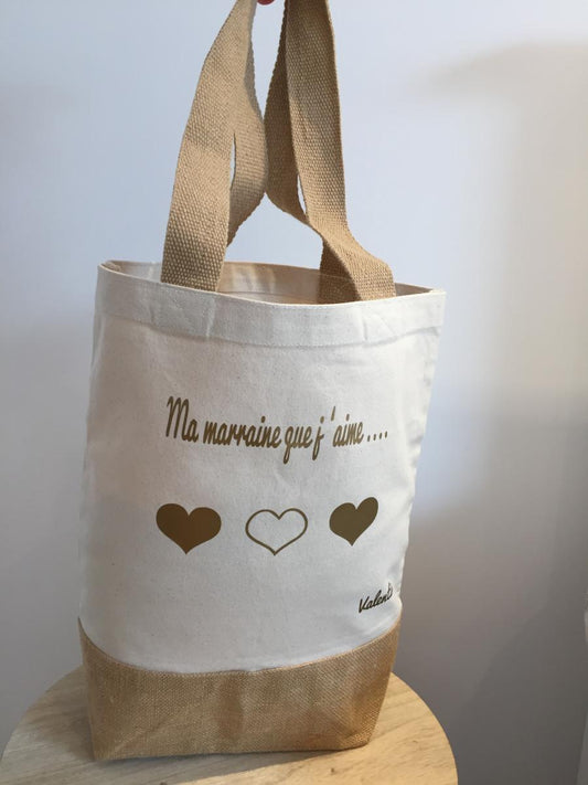 Sac Jute et coton personnalisé Ma marraine je l'aime à la folie