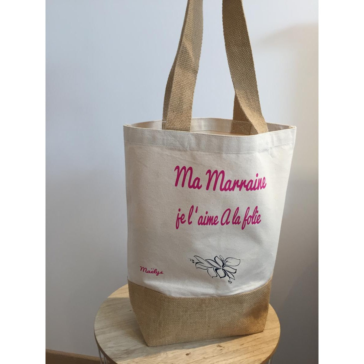 Sac Jute et coton personnalisé Ma marraine je l'aime à la folie
