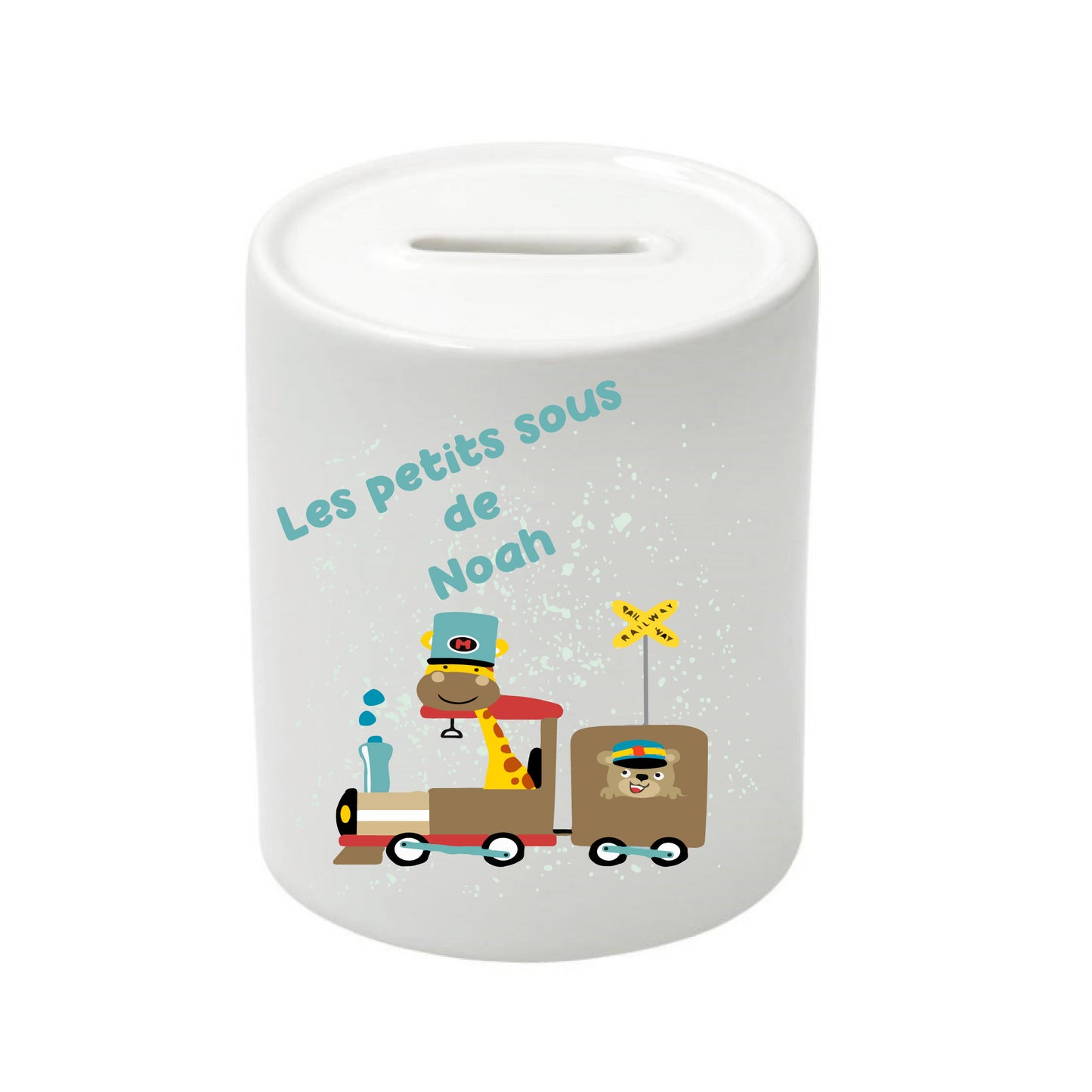 Tirelire enfant personnalisée "Les petits sous de" avec prénom train et girafe