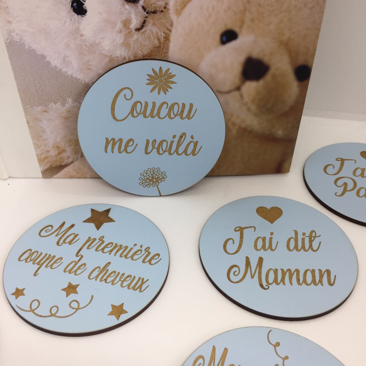 Cartes étapes ourson bois, naissance bébé