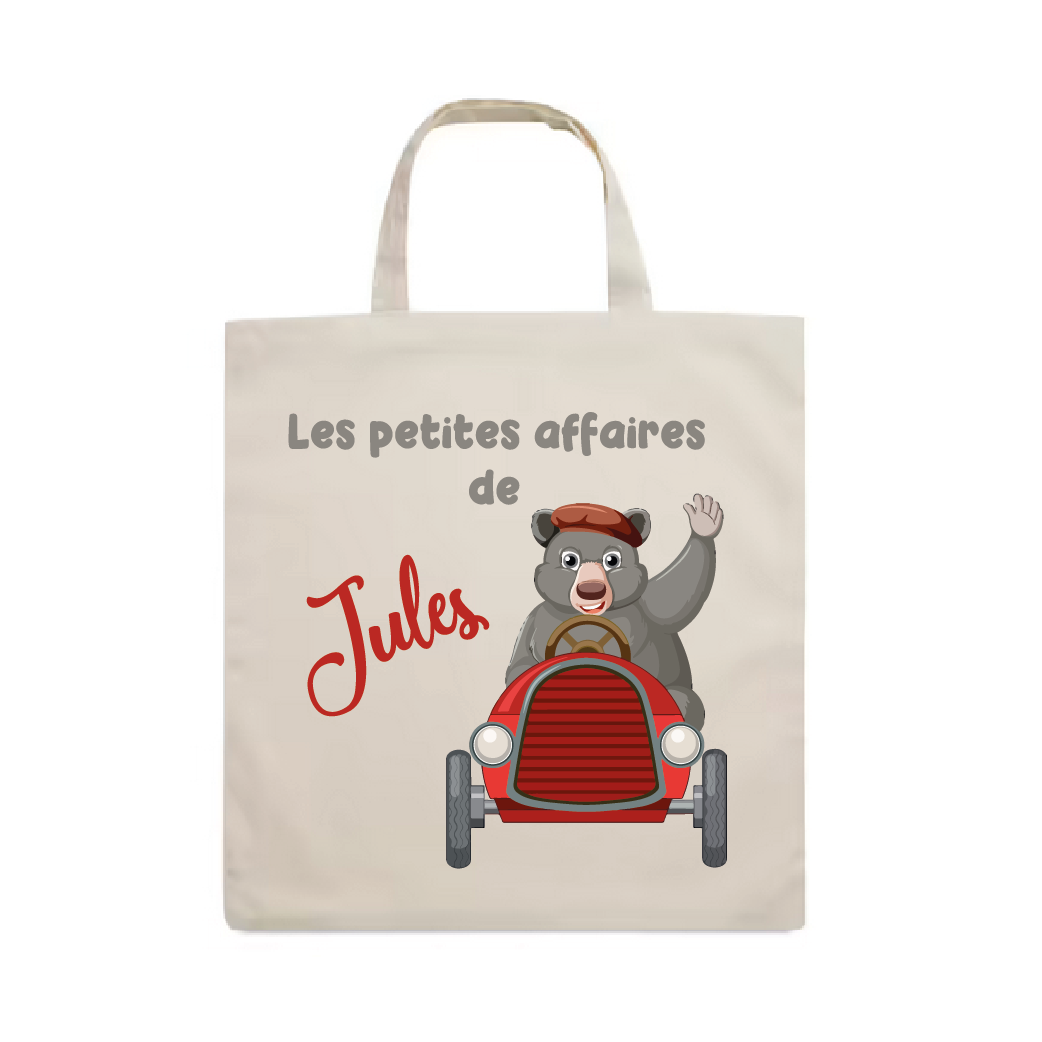 Tote bag enfant personnalisé prénom et ourson en voiture