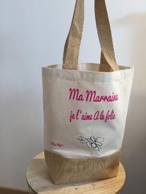 Sac Jute et coton personnalisé Ma marraine je l'aime à la folie