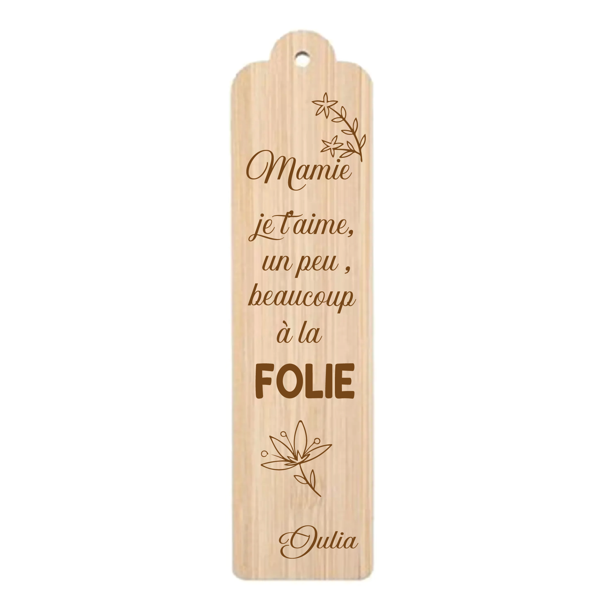 Marque page personnalisé bois gravé Mamie je t'aime un peu beaucoup à la folie