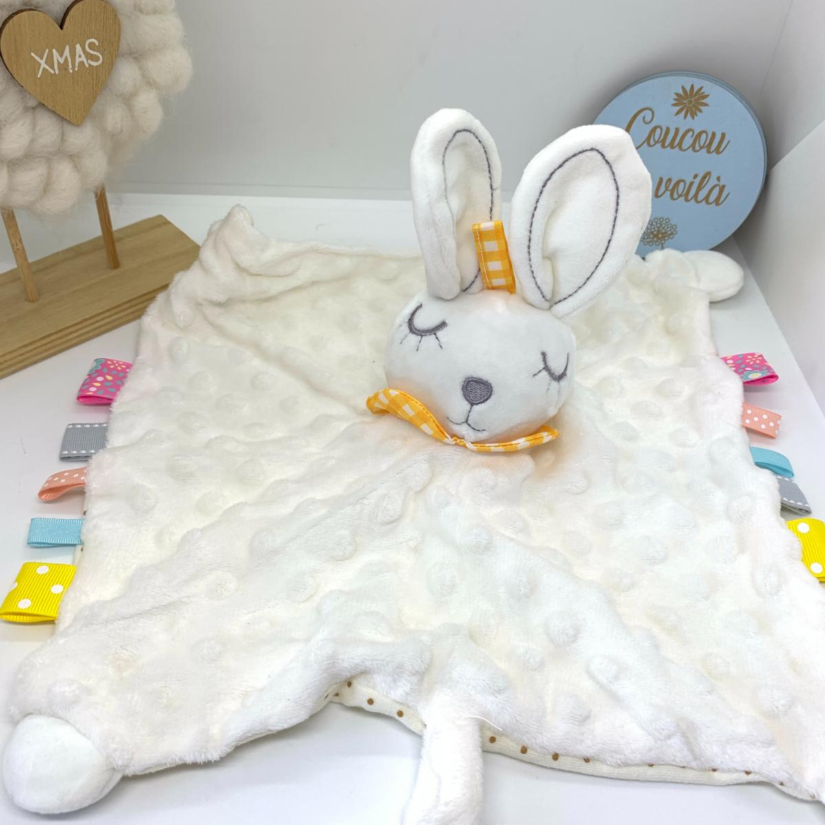 Doudou personnalisé lapin jaune et blanc, Broderie-Bourges