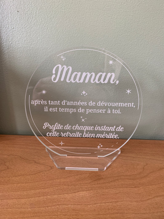 Trophée Plexiglas rond personnalisé Maman,