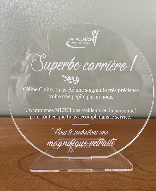 Trophée Plexiglas Personnalisé - Superbe Carrière