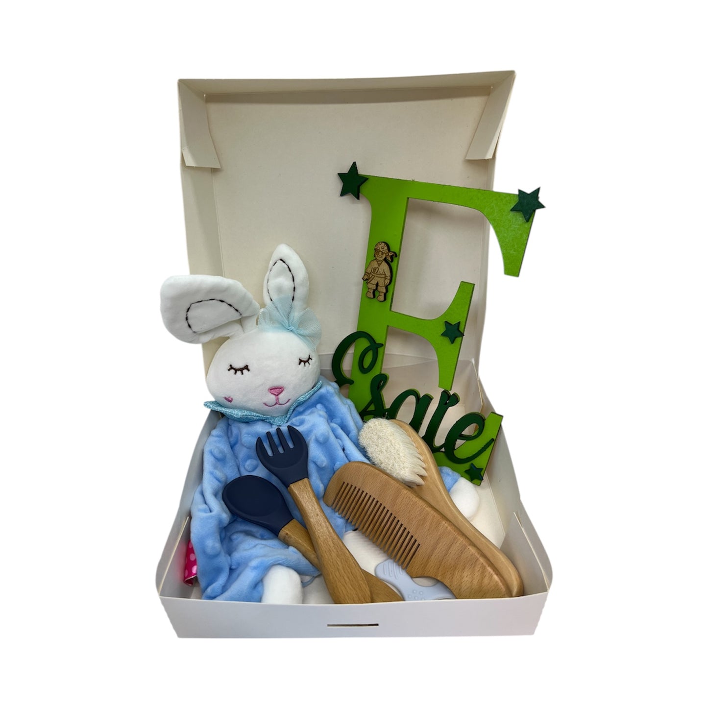 Coffret Naissance Personnalisé - Doudou, Plaque de Porte, Couverts Bambou & Set Peigne Brosse