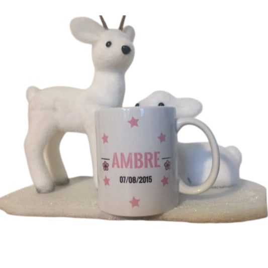 Mug Blanc personnalisé Prénom Date de naissance et petite fleurs