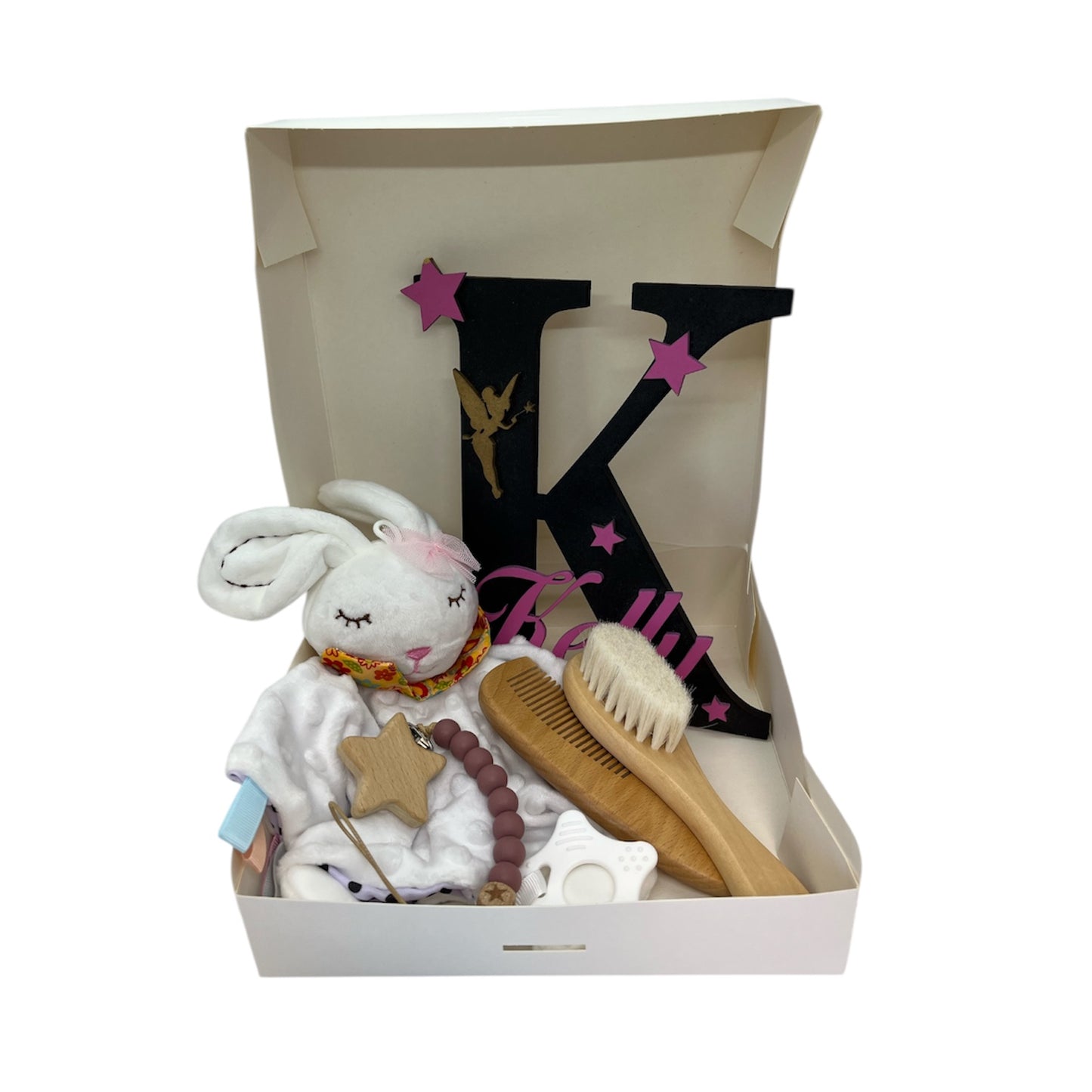 Coffret Naissance Personnalisé - Doudou, Plaque de Porte, Attache Tétine & Set Peigne Brosse