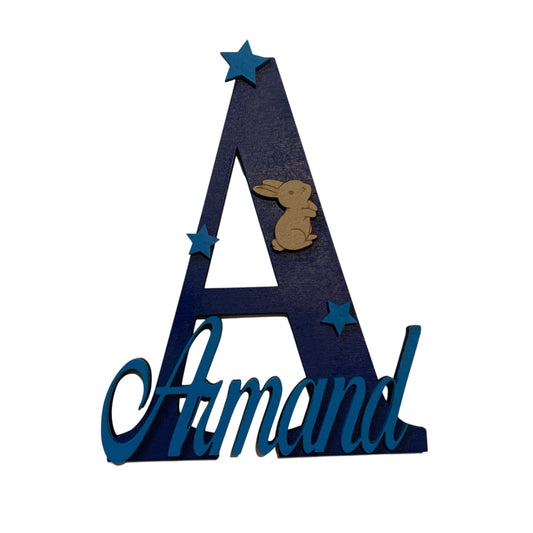 Lettre Initiale avec Prénom Étoiles et Lapin Personnalisée - Chambre Bébé Enfant