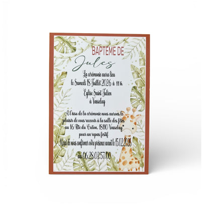 Faire-part de baptême thème jungle personnalisé