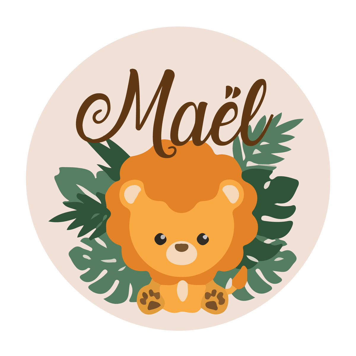 Plaque de porte ronde Lion personnalisée avec prénom – Thème jungle