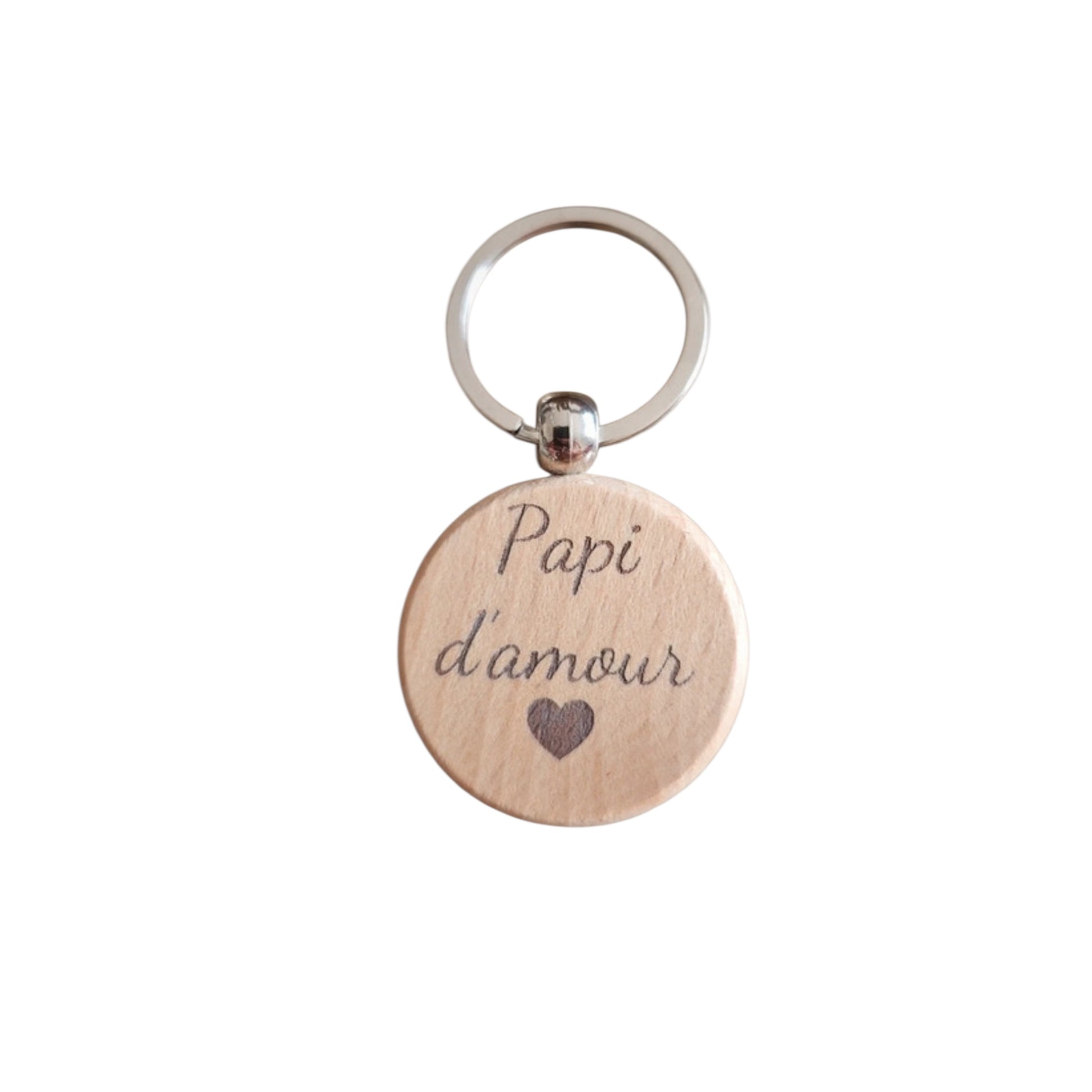 "Porte-clés rond en bois de bambou naturel gravé Papi d'amour avec cœur, diamètre 3,5 cm, avec anneau métallique, photographié sur fond blanc"