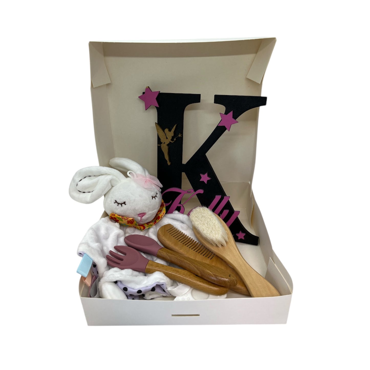 Coffret Naissance Personnalisé - Doudou, Plaque de Porte, Couverts Bambou & Set Peigne Brosse