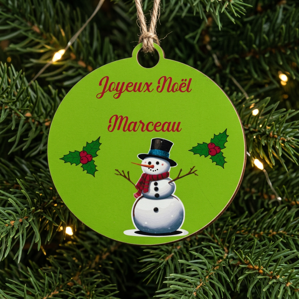 Boule de Noël personnalisée Marceau avec bonhomme de neige sur fond vert suspendue dans un sapin illuminé