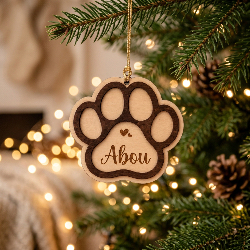Décoration de Noël en bois en forme de patte personnalisée Abou dans un décor chaleureux
