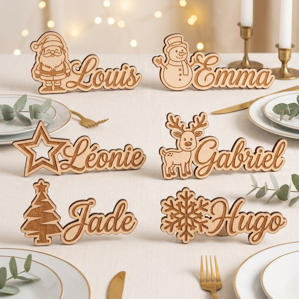 Proposition de marque-places de Noël en bois avec prénoms découpés et six motifs, décor blanc et doré