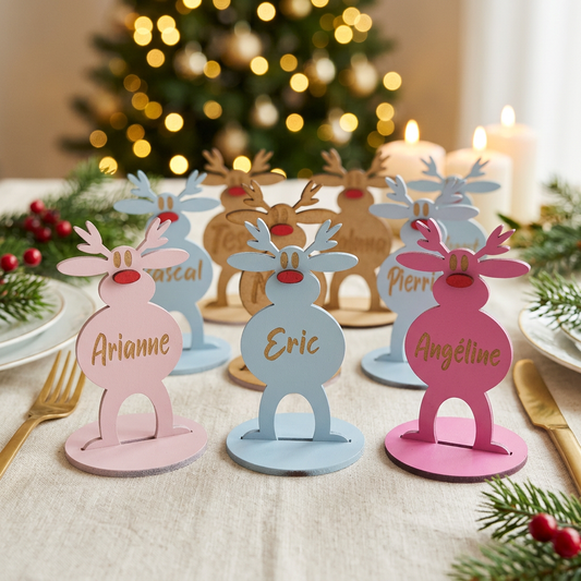 Marque-Place Renne de Noël Personnalisé - Bois Gravé avec Prénom