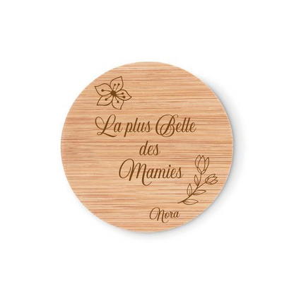 Miroir de poche  en bambou La plus belle des Mamies personnalisé 