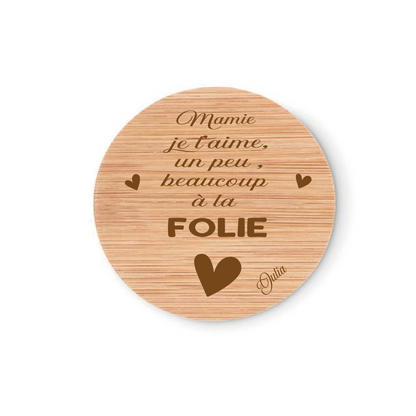Miroir de poche en bambou Mamie je t'aime un peu beaucoup à la folie personnalisé 