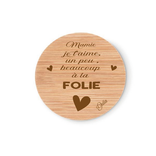 Miroir de poche en bambou Mamie je t'aime un peu beaucoup à la folie personnalisé 