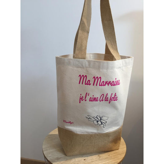 Sac Jute et coton personnalisé Ma marraine je l'aime à la folie